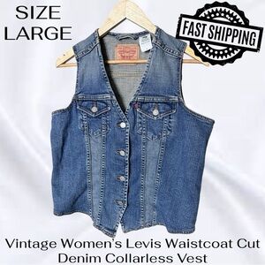 Vintage Women’s Large Levis Waistcoat Cut Denim Collarless Vest FREE SHIPPING